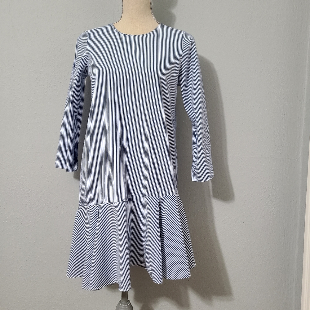 Zara Trafaluc Collection Asymmetric Blue & White Stiped Midi Dress Size XS